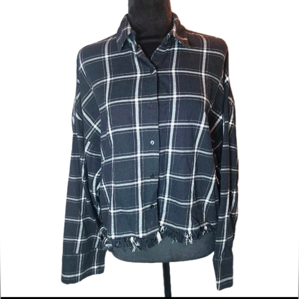 ZARA Trafaluc flannel shacket in a Black & gray plaid pattern Fringe Western